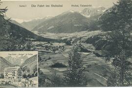&quot;Die Fahrt ins Stubaital&quot; Blick auf Mieders taleinwärts und Hotel Serles in Telfes