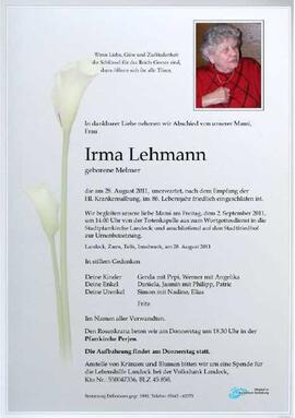 Sterbebild Lehmann Irma