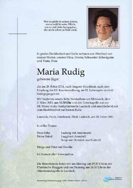 Sterbebild Rudig Maria