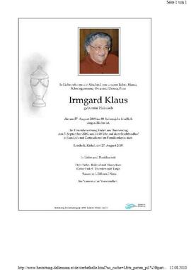 Sterbebild Klaus Irmgard