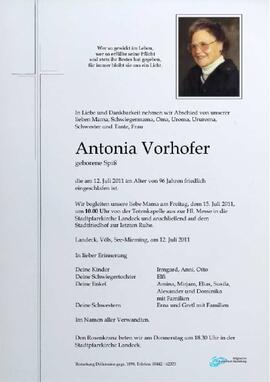 Sterbebild Vorhofer Antonia