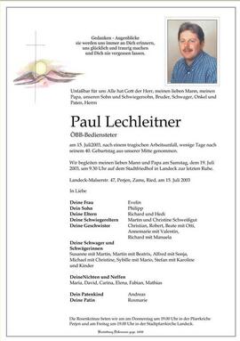 Sterbebild Lechleitner Paul